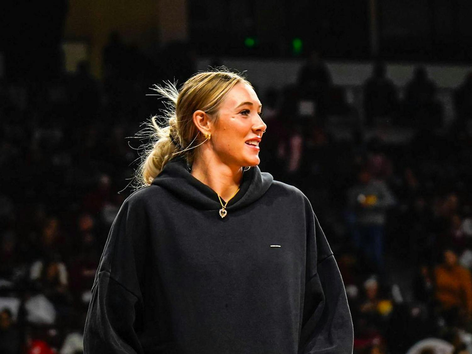 Senior forward Chloe Kitts stands on the baseline during the halftime of South Carolina's game against Grand Canyon University at Colonial Life Arena on Nov. 3, 2025. Kitts won the NCAA Regional MVP and SEC Tournament MVP in 2025.