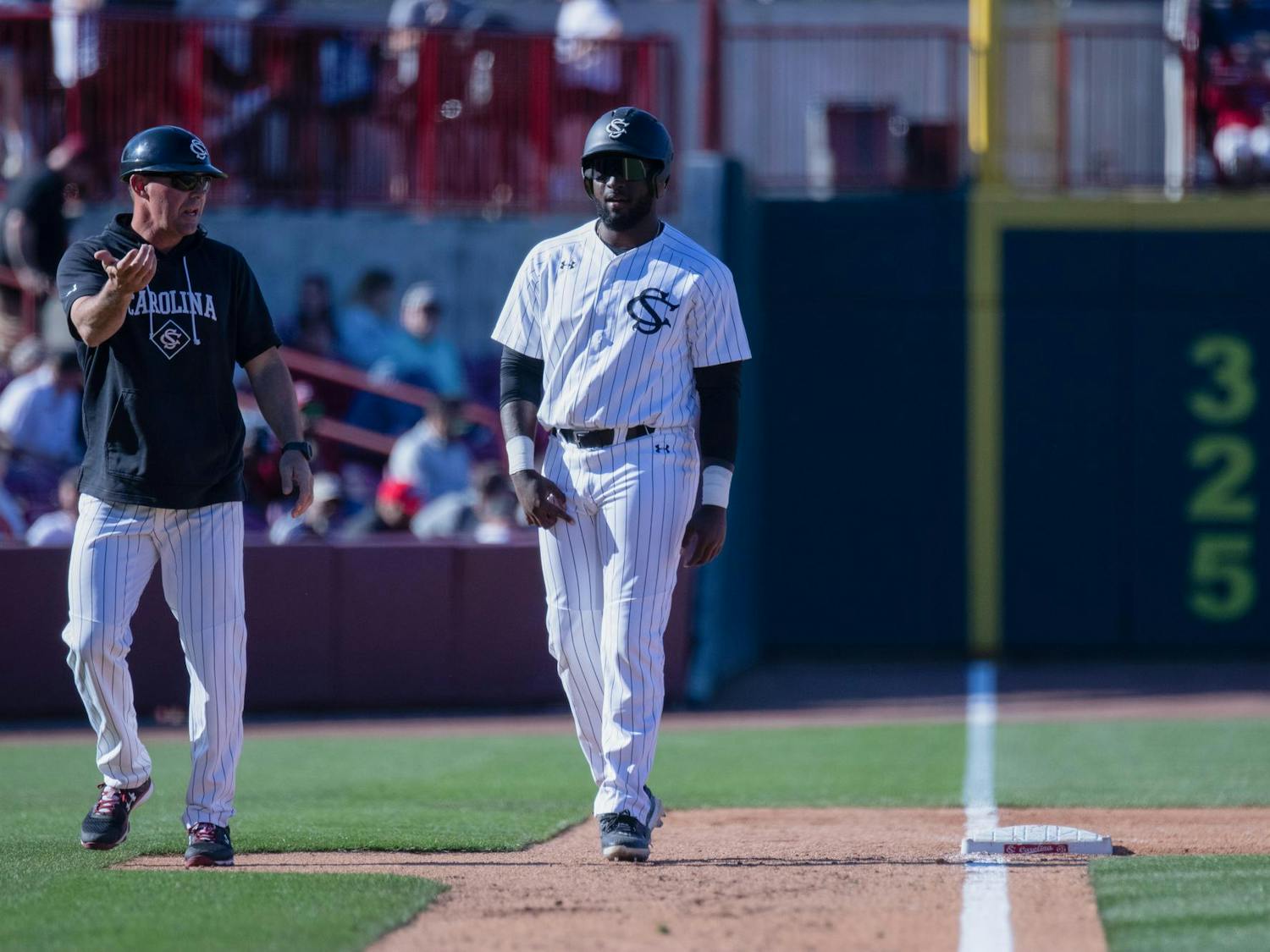 Junior outfielder Kennedy Jones walks off of third base during South Carolina's game against Texas A&M on April 6, 2024. Jones went 1-4 in at-bats for the Gamecocks in the matchup.