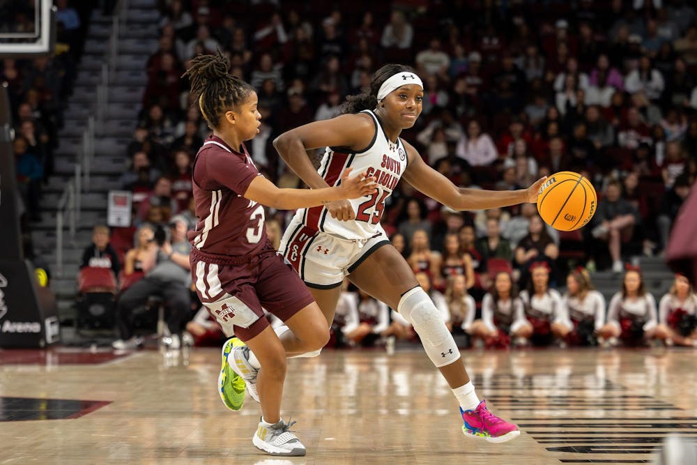 <p>Sophomore guard Raven Johnson advances the ball up the court during South Carolina's game against Mississippi State at Colonial Life Arena on Jan. 7, 2024. Johnson scored 7 points across her 27 minutes of playing time in the Gamecocks' 85-66 victory against the Bulldogs.</p>