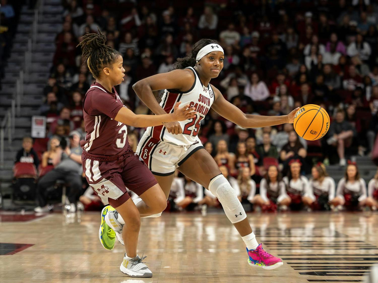 Sophomore guard Raven Johnson advances the ball up the court during South Carolina's game against Mississippi State at Colonial Life Arena on Jan. 7, 2024. Johnson scored 7 points across her 27 minutes of playing time in the Gamecocks' 85-66 victory against the Bulldogs.