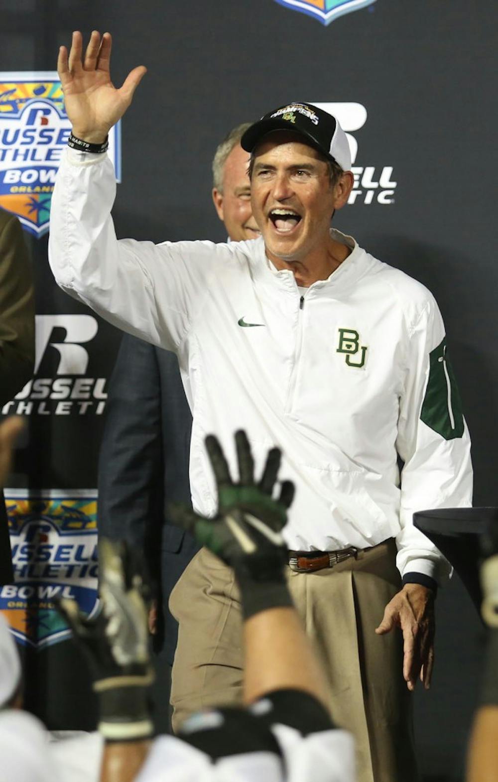 Baylor head coach Art Briles celebrates after winning the Russell Athletic Bowl on Tuesday, Dec. 29, 2015, at the Orlando Citrus Bowl in Orlando, Fla. (Stephen M. Dowell/Orlando Sentinel/TNS)