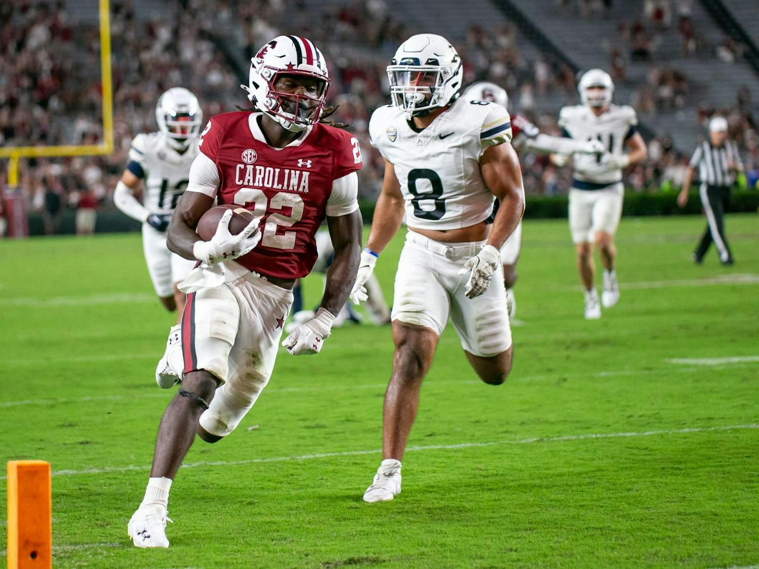 Sophomore running back Jawarn Howell runs the ball toward the endzone for a touchdown during South Carolina's game against Akron on Sept. 21, 2024. Howell is in his first season with the Gamecocks after transferring from South Carolina State.