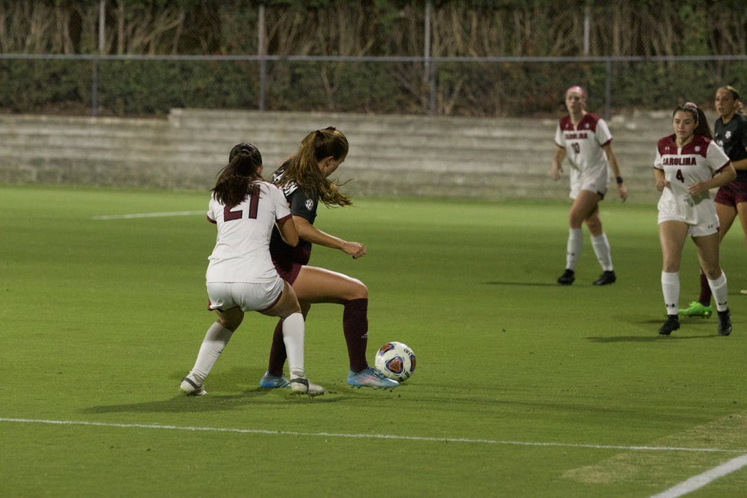 Sophomore defender Taylor Jackson attempts to steal the ball away from an opponent on Oct. 20, 2022. Texas A&amp;M dominated South Carolina in the second half of the teams' matchup.&nbsp;