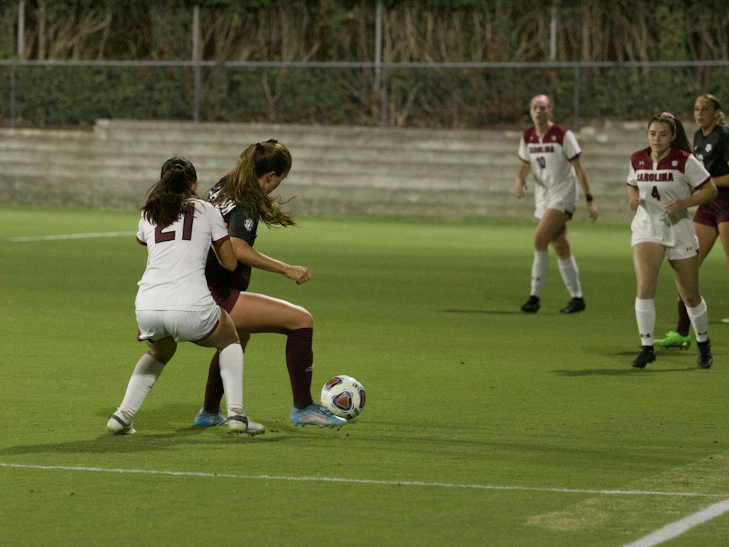 Sophomore defender Taylor Jackson attempts to steal the ball away from an opponent on Oct. 20, 2022. Texas A&amp;M dominated South Carolina in the second half of the teams' matchup.&nbsp;