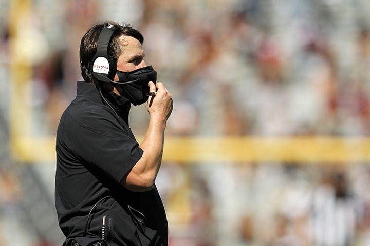 South Carolina head football coach Will Muschamp fixes his mask during the game against Auburn on Saturday, Oct. 17. The Gamecocks will travel to Baton Rouge on Saturday, Oct. 24 to take on the LSU Tigers.