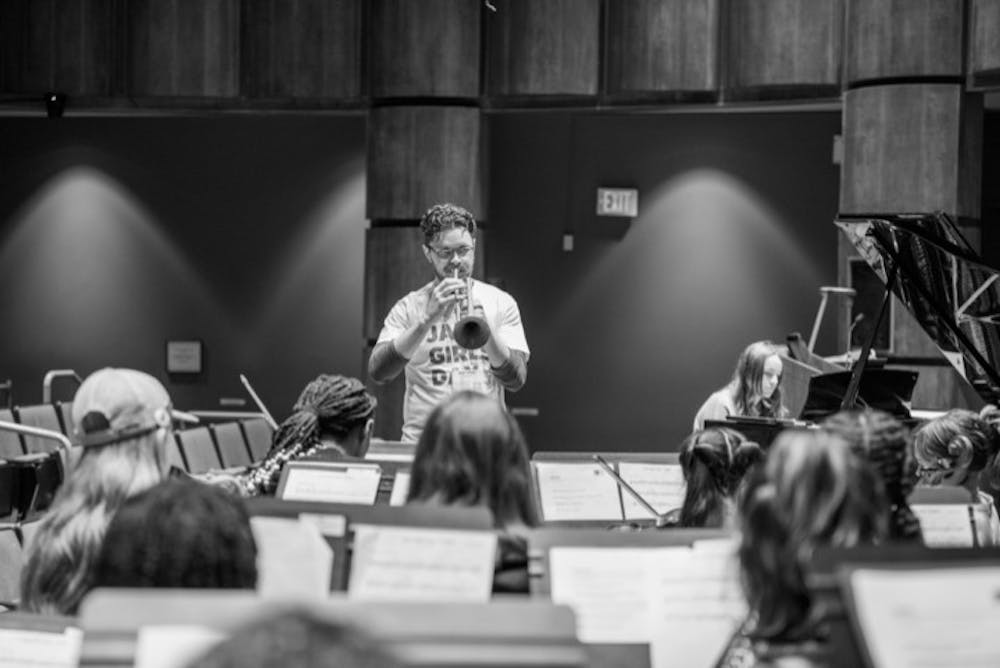 <p>Associate professor of jazz studies Dr. Matt White lets the music flow from his instrument during Jazz Girls Day on Jan. 14, 2023, at the University of South Carolina’s School of Music. The next Jazz Girls Day will be held on April 22, 2023, in Charleston, South Carolina.&nbsp;</p>