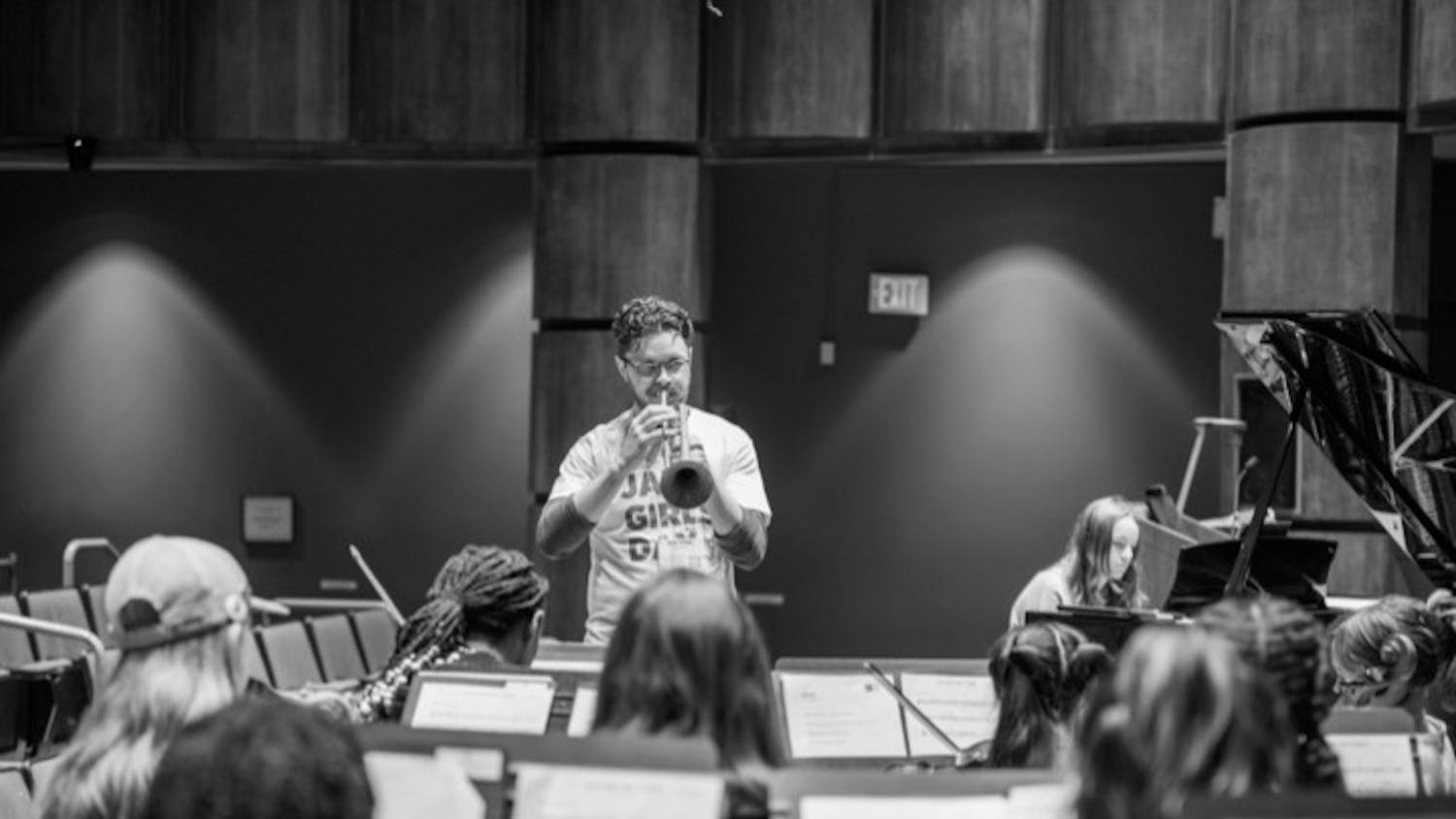 Associate professor of jazz studies Dr. Matt White lets the music flow from his instrument during Jazz Girls Day on Jan. 14, 2023, at the University of South Carolina’s School of Music. The next Jazz Girls Day will be held on April 22, 2023, in Charleston, South Carolina.&nbsp;