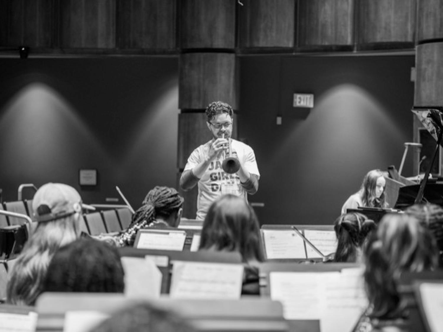 Associate professor of jazz studies Dr. Matt White lets the music flow from his instrument during Jazz Girls Day on Jan. 14, 2023, at the University of South Carolina’s School of Music. The next Jazz Girls Day will be held on April 22, 2023, in Charleston, South Carolina.&nbsp;