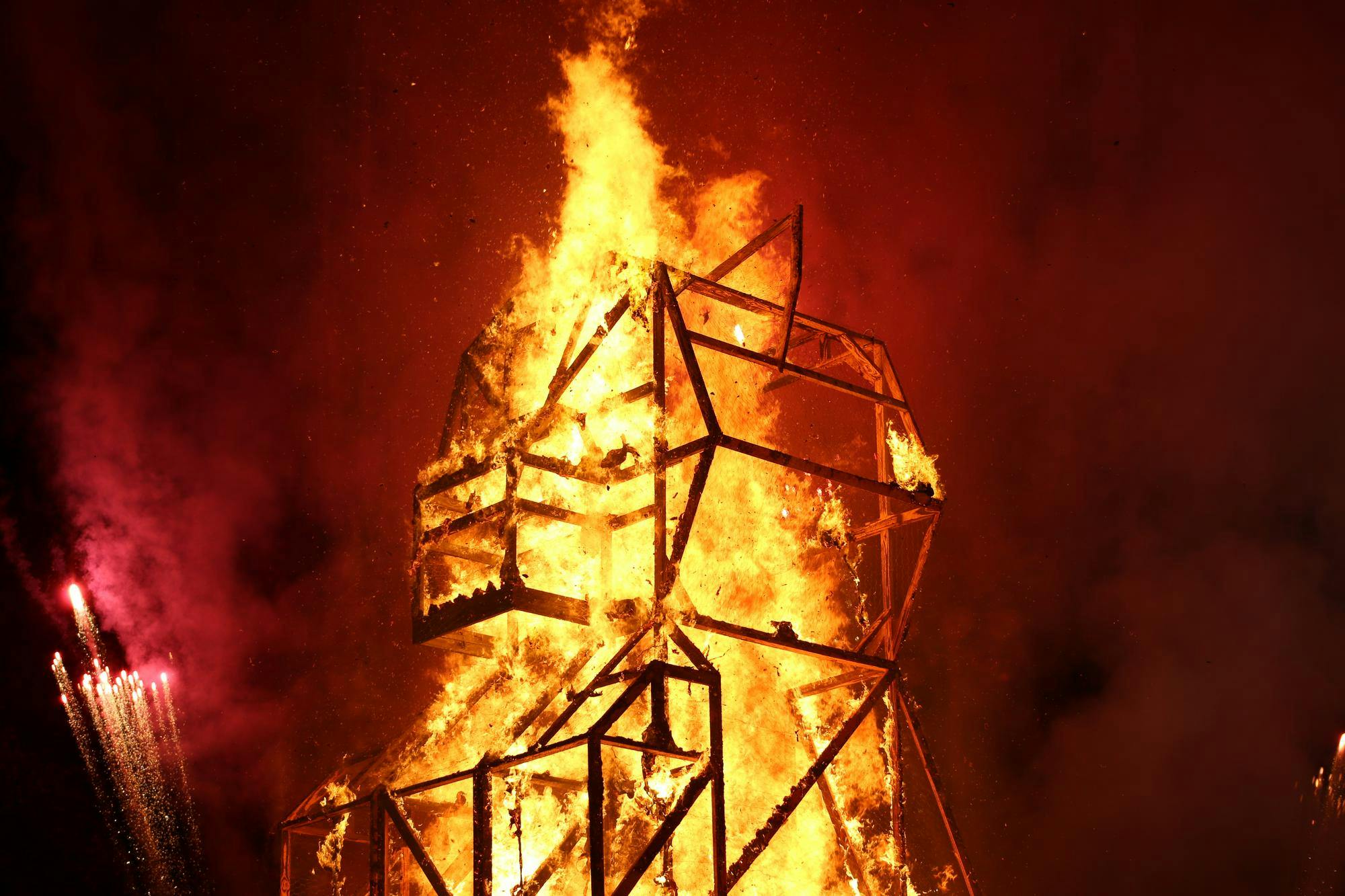 A tiger statue burns during Tiger Burn at Blatt Field on Nov. 19, 2025. The statue was built over the course of several weeks by students in South Carolina's chapter of The American Society of Mechanical Engineers.