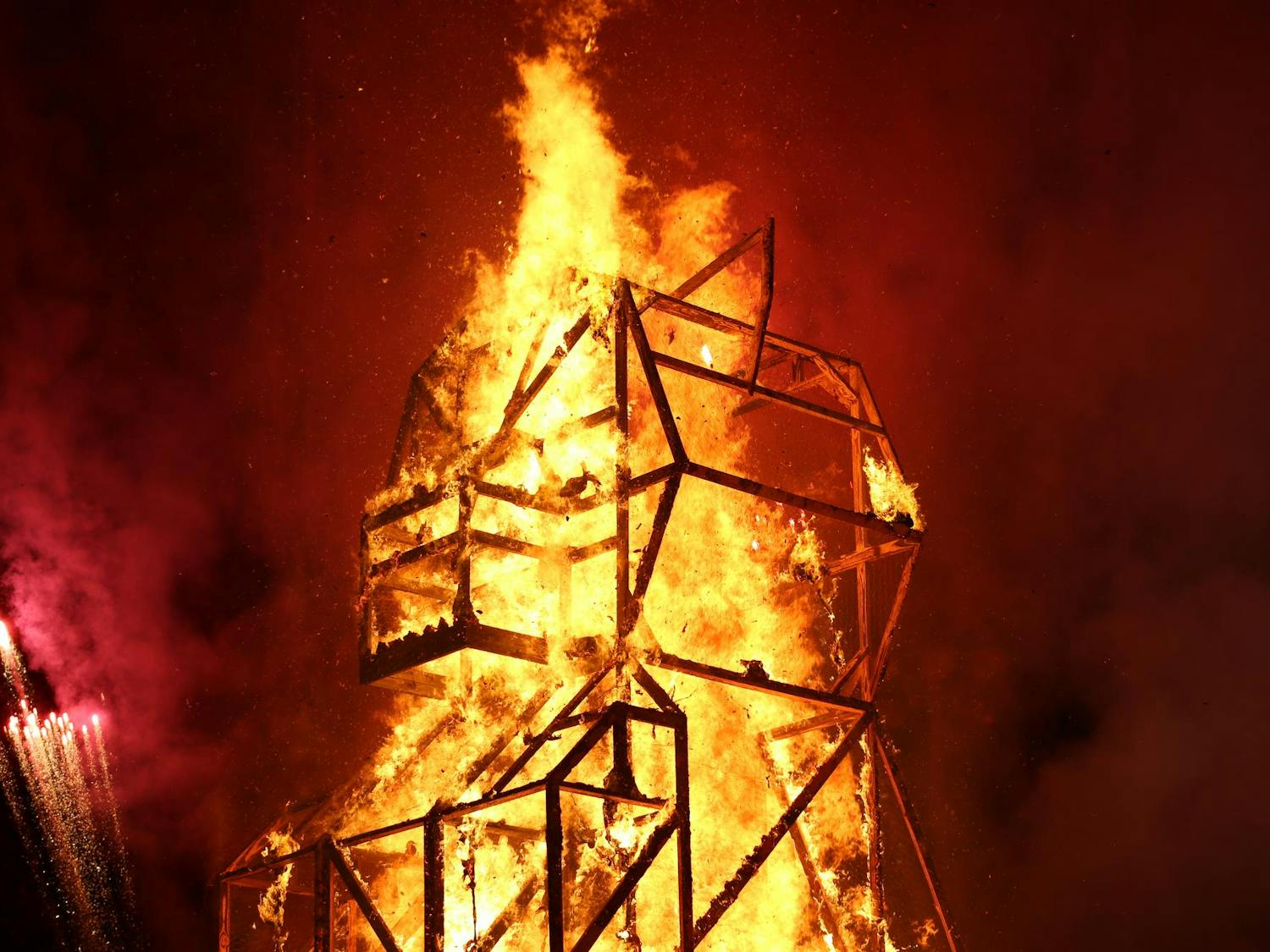 A tiger statue burns during Tiger Burn at Blatt Field on Nov. 19, 2025. The statue was built over the course of several weeks by students in South Carolina's chapter of The American Society of Mechanical Engineers.
