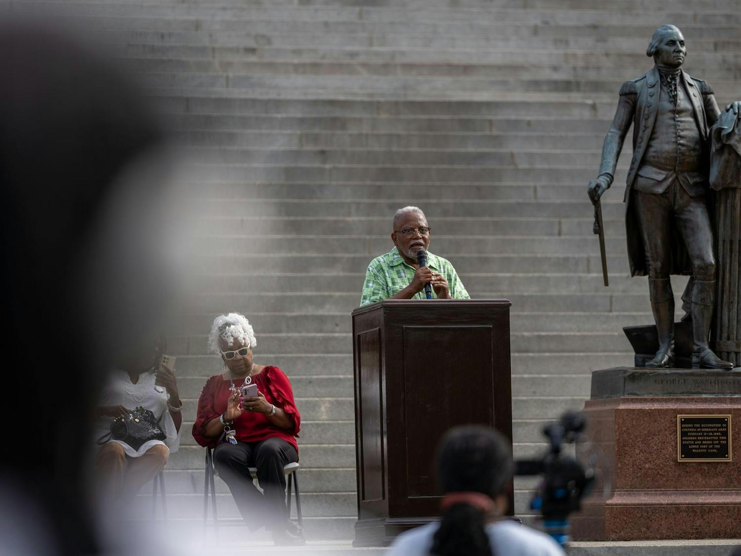 South Carolina Representative Leon Howard speaks at the South Carolina Statehouse on Sept. 18, 2024. Howard, along with others, organized a peaceful rally at the Statehouse ahead of the Uncensored America event at the University of South Carolina.