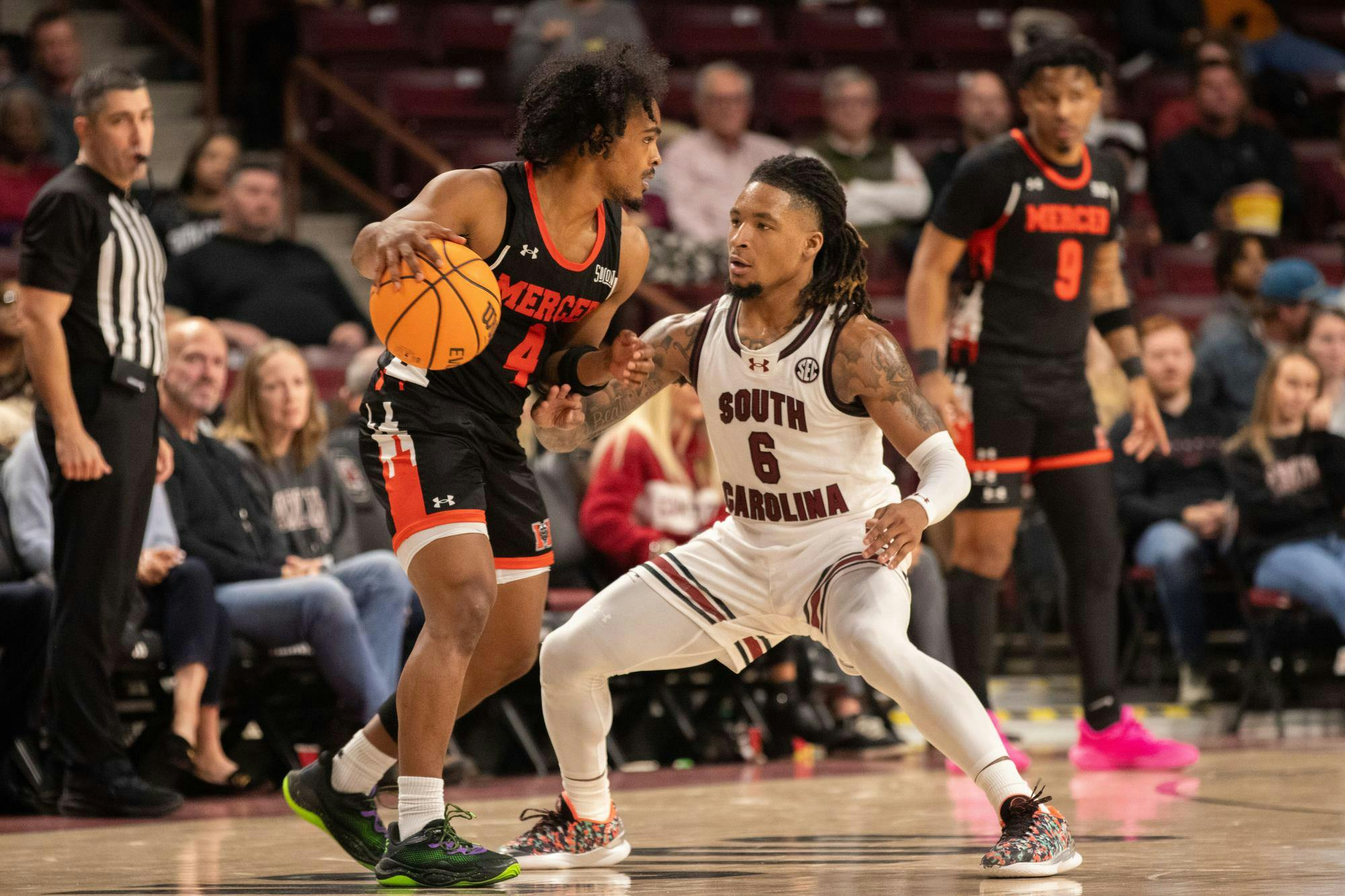 Senior guard Jamarii Thomas plays defense during South Carolina's game against Mercer at Colonial Life Arena on Nov. 21, 2024. Thomas put up 19 points in the Gamecocks' 84-72 victory over the bears.