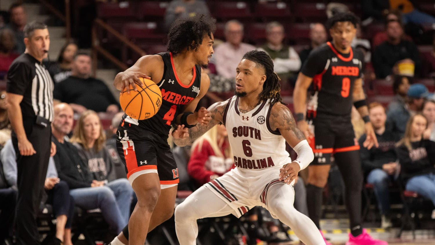 Senior guard Jamarii Thomas plays defense during South Carolina's game against Mercer at Colonial Life Arena on Nov. 21, 2024. Thomas put up 19 points in the Gamecocks' 84-72 victory over the bears.