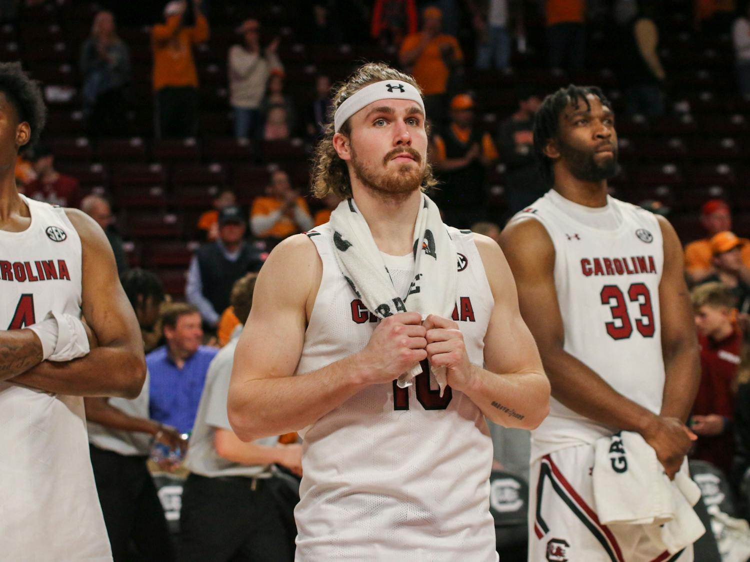 Graduate forward Hayden Brown looks into the crowed during the alma Mater on Jan. 7, 2023. The Gamecocks lost to the Volunteers 85-42.