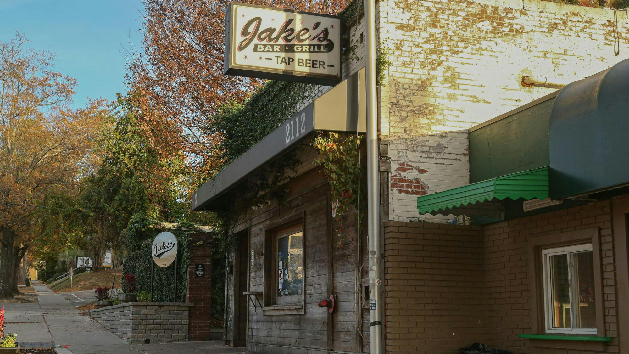 The outside of Jake’s Bar and Grill pictured on Nov. 13, 2025, in Columbia, South Carolina. The bar holds a “Yappy Hour” on Tuesdays and Thursdays where customers are encouraged to bring their dogs and get a tasty treat.