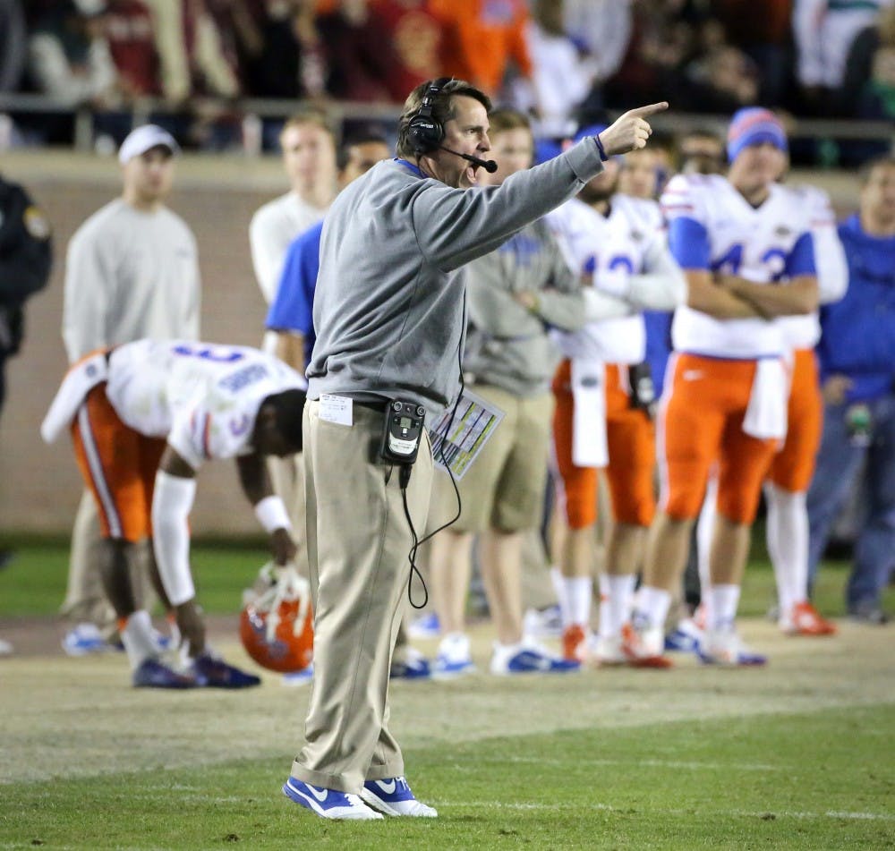 Florida head coach Will Muschamp makes a point during action against Florida State at Doak Campbell Stadium in Tallahassee, Fla., on Saturday, Nov. 29, 2014. Florida State won, 24-19. (Joe Burbank/Orlando Sentinel/TNS)