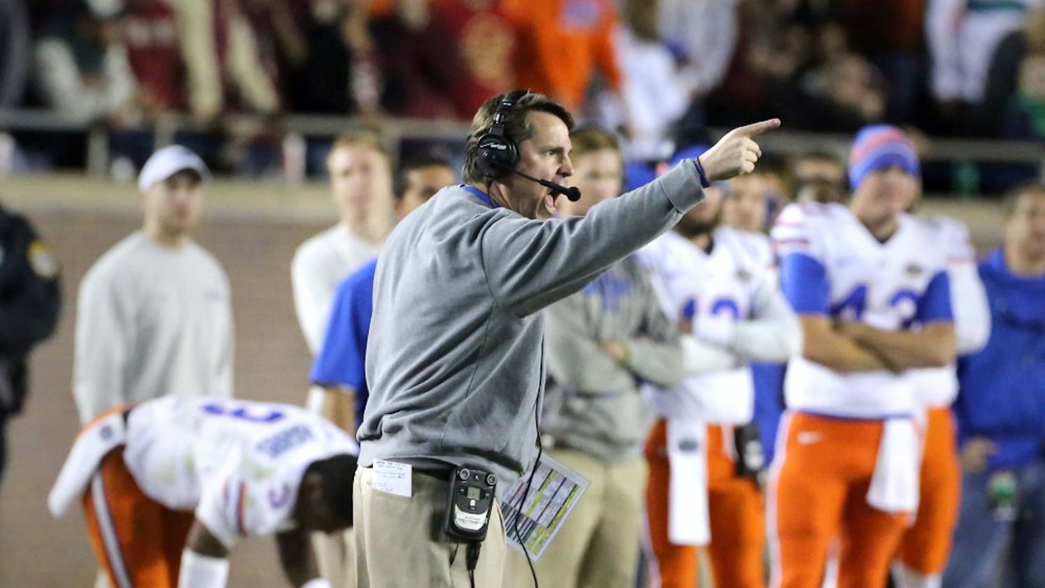 Florida head coach Will Muschamp makes a point during action against Florida State at Doak Campbell Stadium in Tallahassee, Fla., on Saturday, Nov. 29, 2014. Florida State won, 24-19. (Joe Burbank/Orlando Sentinel/TNS)