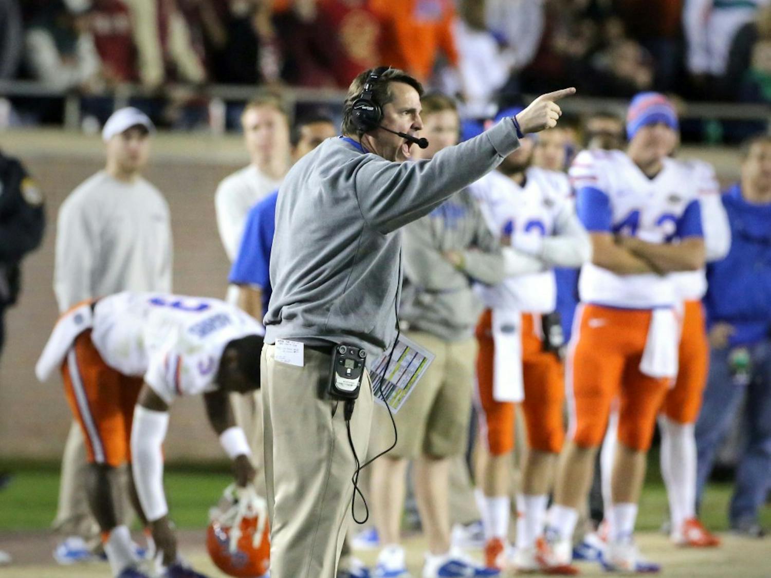 Florida head coach Will Muschamp makes a point during action against Florida State at Doak Campbell Stadium in Tallahassee, Fla., on Saturday, Nov. 29, 2014. Florida State won, 24-19. (Joe Burbank/Orlando Sentinel/TNS)