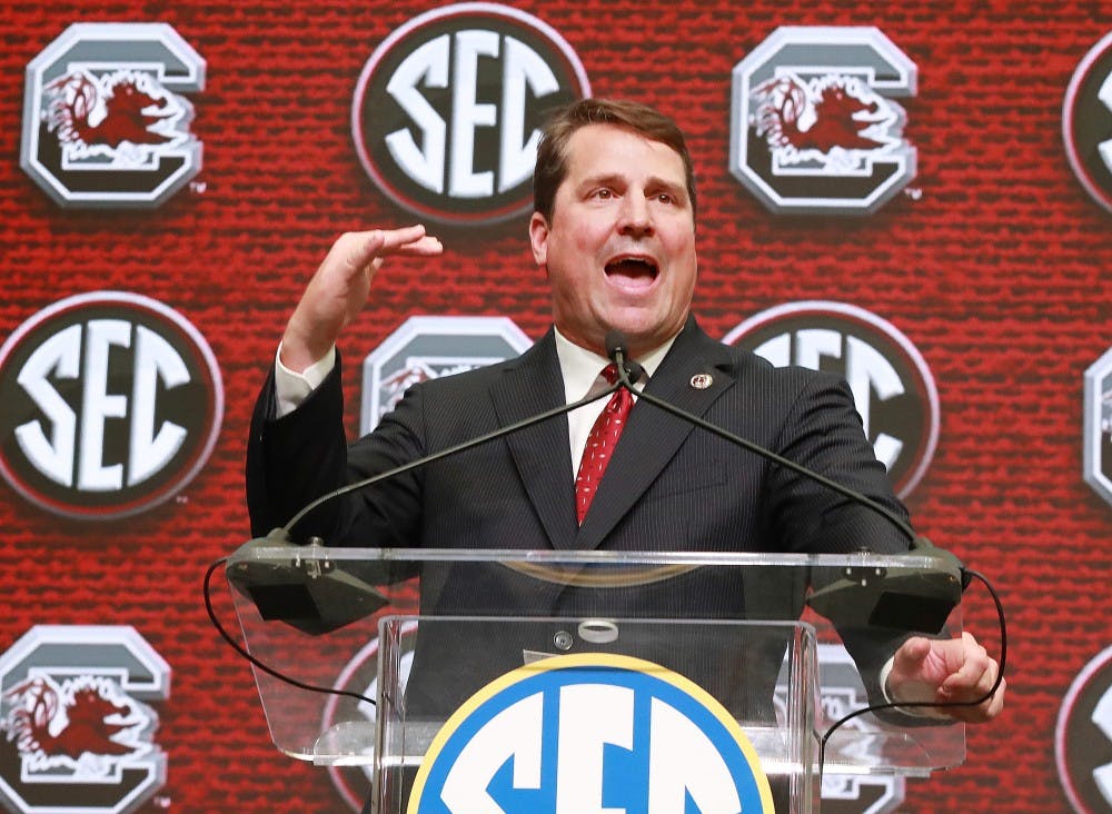 South Carolina head coach Will Muschamp holds his SEC Media Days press conference at the College Football Hall of Fame on Thursday, July 19, 2018, in Atlanta.  (Curtis Compton/Atlanta Journal-Constitution/TNS) 