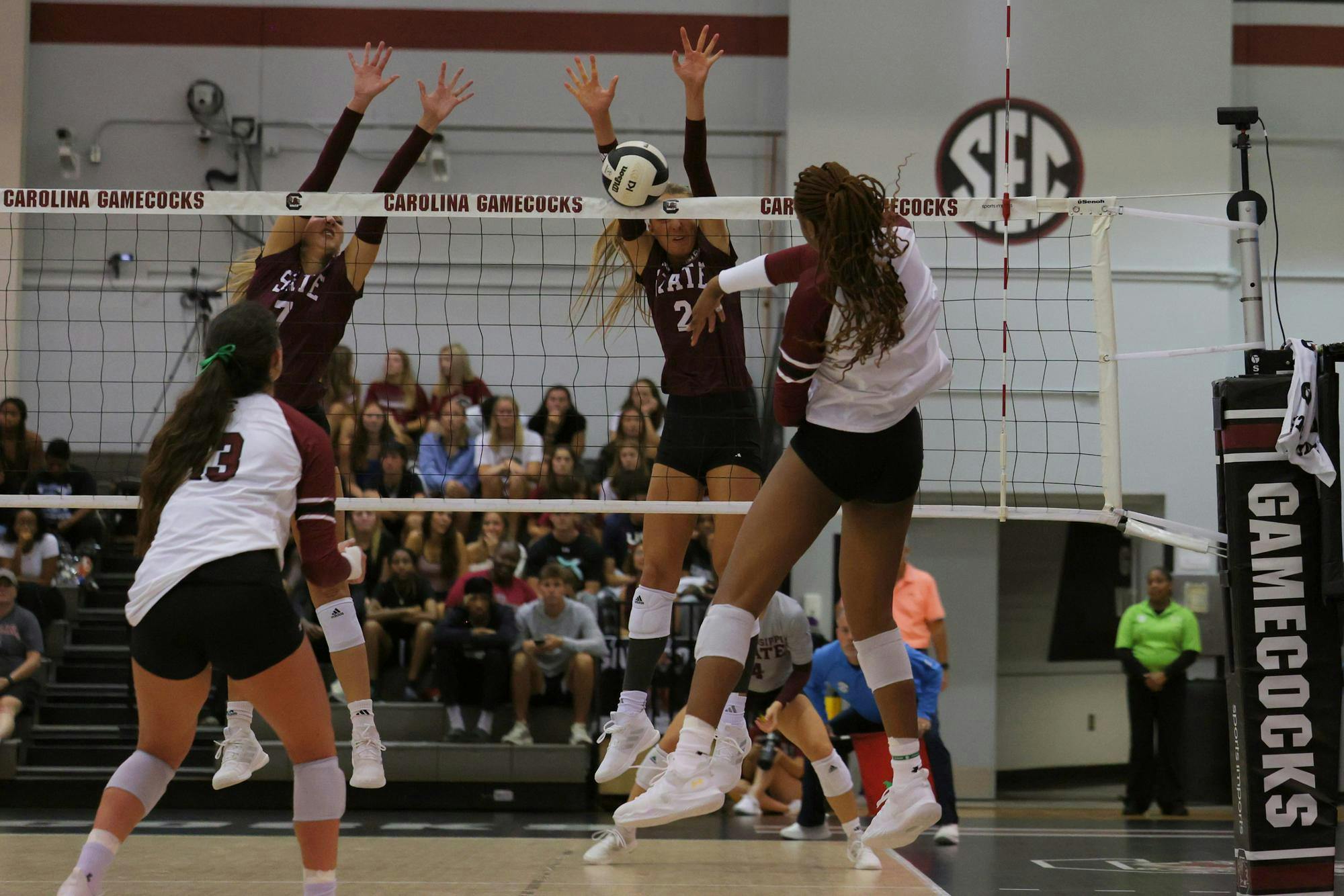 A Mississippi State player blocks a spike from sophomore outside hitter Tireh Smith during a match at the Carolina Volleyball Center on Sept. 27, 2024. The Gamecocks lost to the Bulldogs 1-3 in their first SEC match of the season.