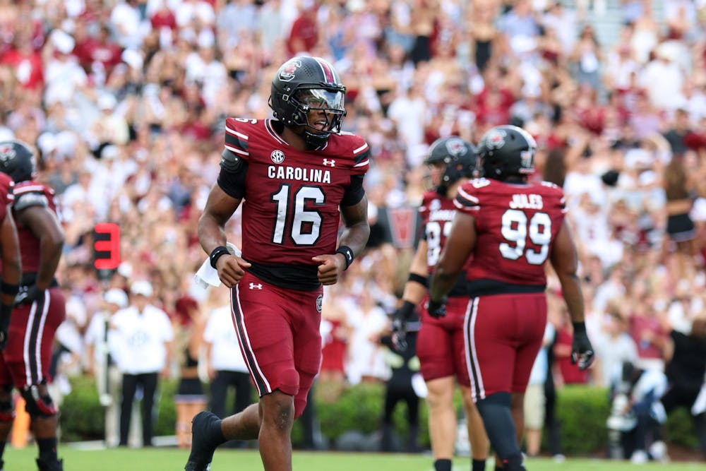 <p>FILE - Redshirt freshman quarterback LaNorris Sellers runs off the field during South Carolina’s season opener against Old Dominion on Aug. 31, 2024. Sellers threw for 114 yards, ending the game with a 43% completion percentage.</p>