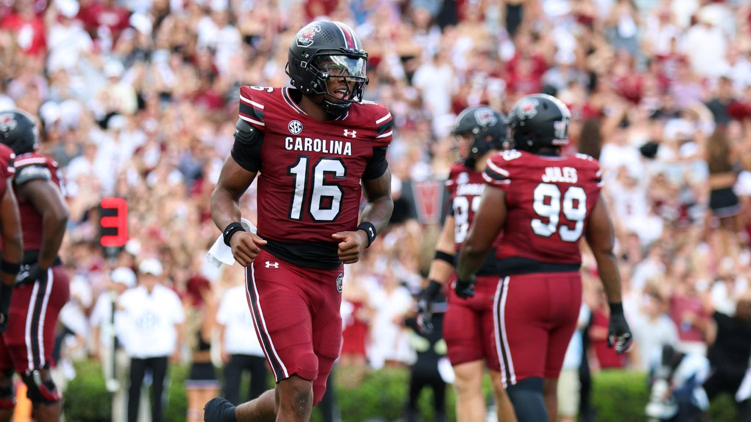 FILE - Redshirt freshman quarterback LaNorris Sellers runs off the field during South Carolina’s season opener against Old Dominion on Aug. 31, 2024. Sellers threw for 114 yards, ending the game with a 43% completion percentage.