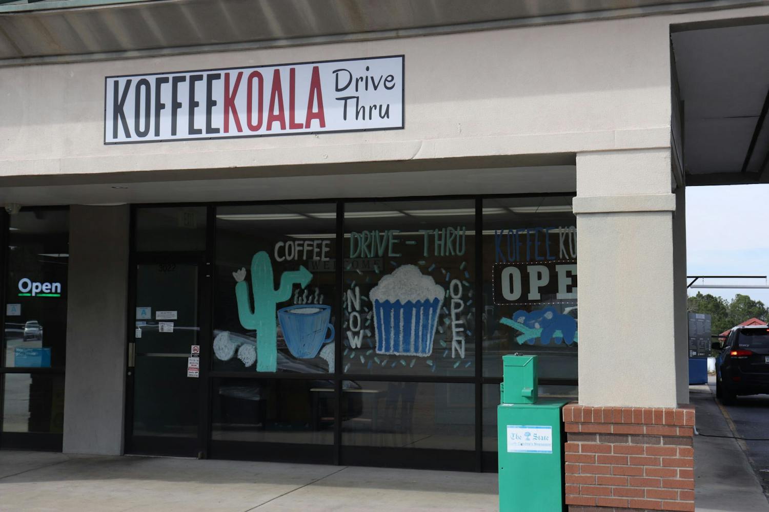 A photo of the outside of Koffee Koala coffee shop, located in the Cayce Crossing shopping center, on Feb. 15, 2023. Customers can dine inside or choose the drive-thru option if they're in a hurry.