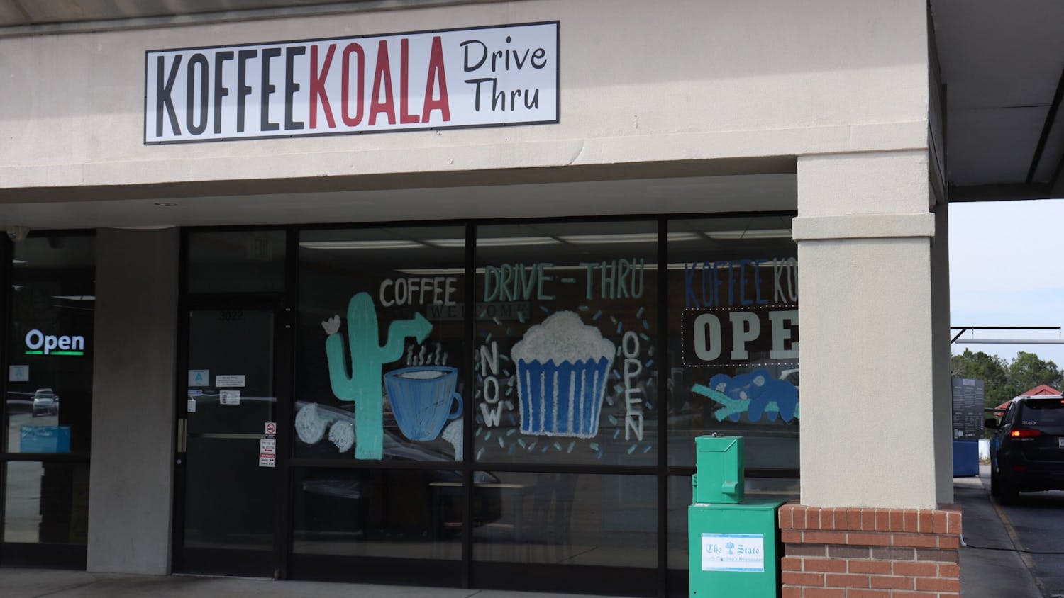 A photo of the outside of Koffee Koala coffee shop, located in the Cayce Crossing shopping center, on Feb. 15, 2023. Customers can dine inside or choose the drive-thru option if they're in a hurry.