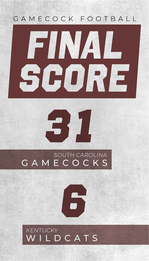 A graphic of the final score between South Carolina and Kentucky reads, "South Carolina Gamecocks 31" and "Kentucky Wildcats 6."