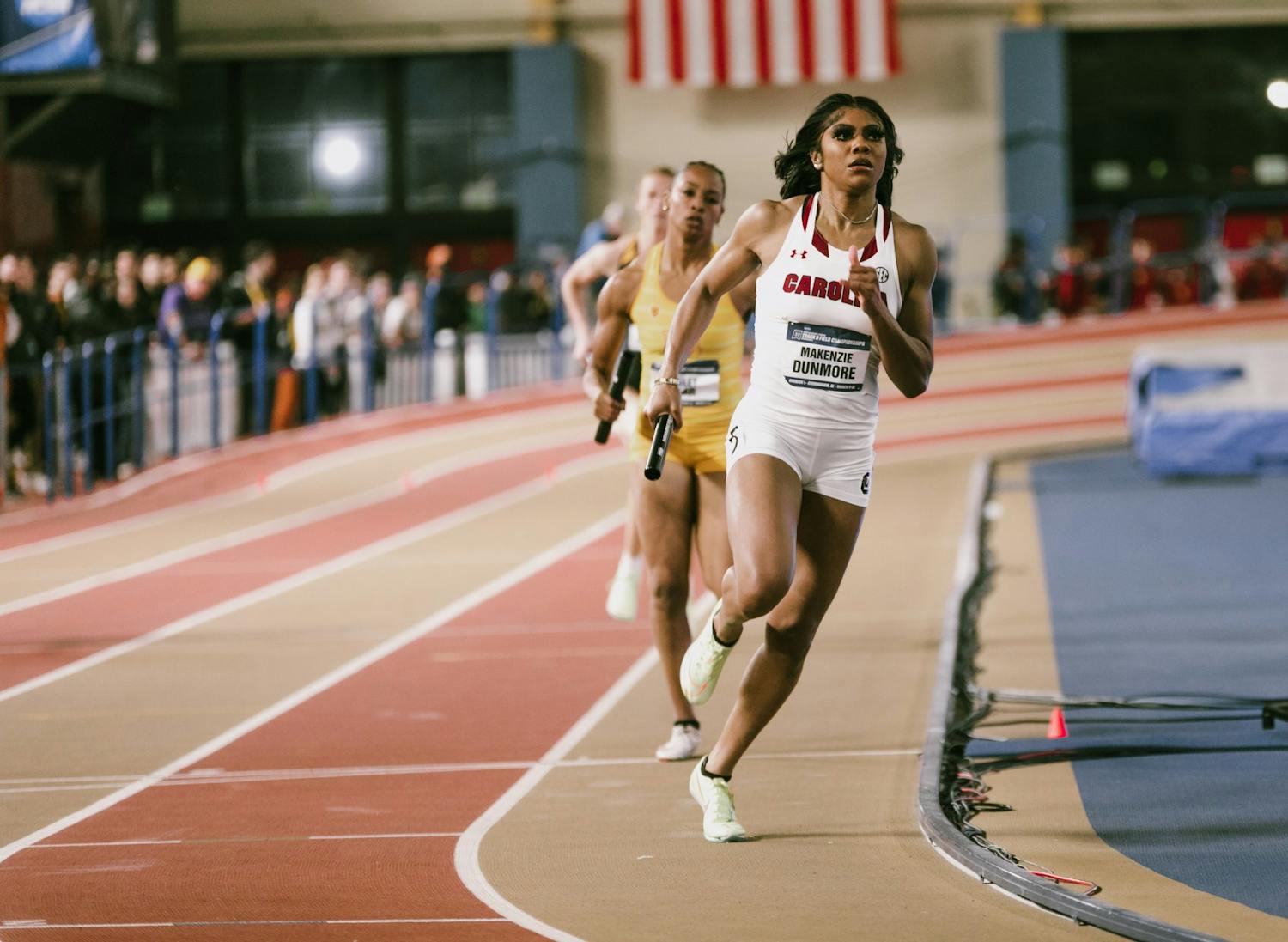 Senior sprinter Makenzie Dunmore races along with USC Track &amp; Field while competing at the 2022 D1 Indoor Nationals at the CrossPlex in Birmingham, A.L., on March 12, 2022.