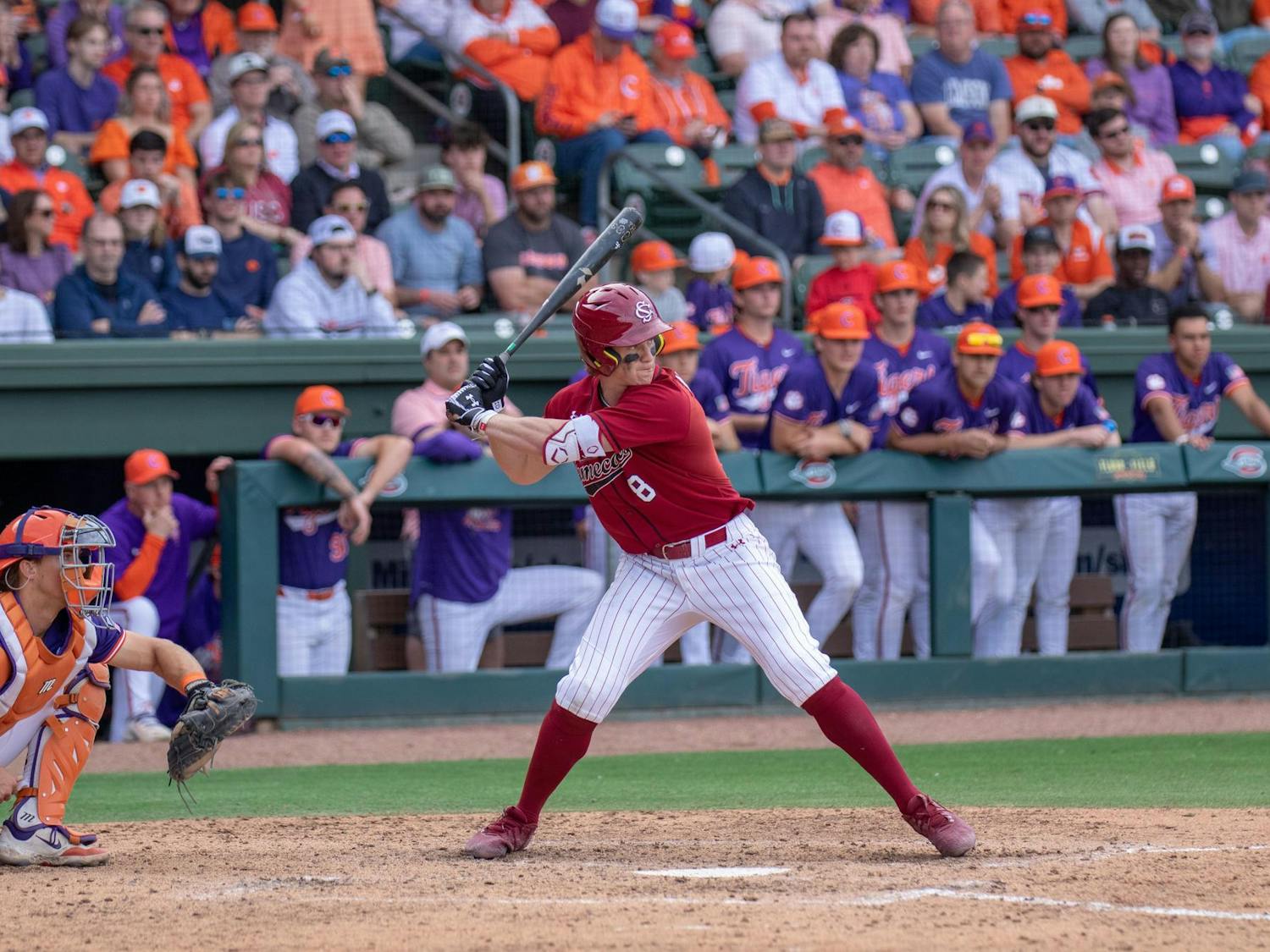 Sophomore infielder Nolan Nawrocki steps up to bat against Clemson at Fluor Field on Saturday, March 1, 2025. South Carolina fell to the Tigers, 5-1, in the neutral site matchup. 