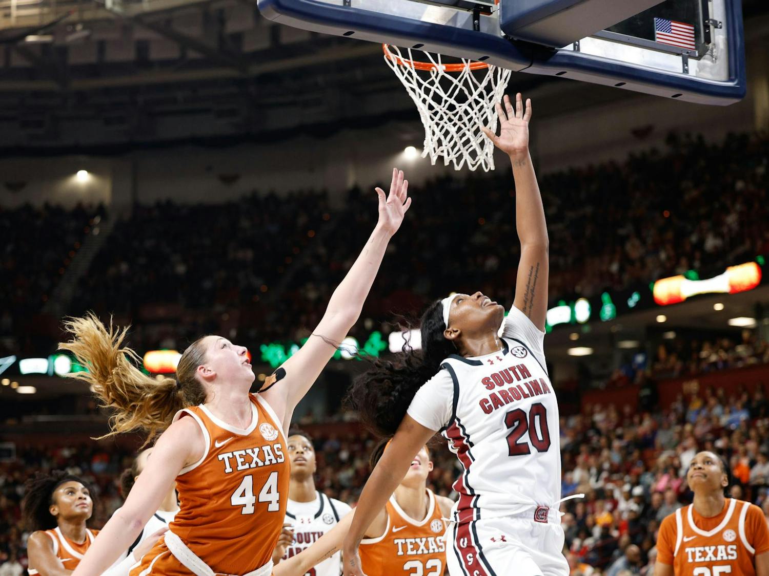 Senior forward Sania Feagin makes a layup during the championship game against Texas at the SEC Tournament in Greenville, SC on Mar. 9, 2025. Feagin scored 11 points and had three assists.