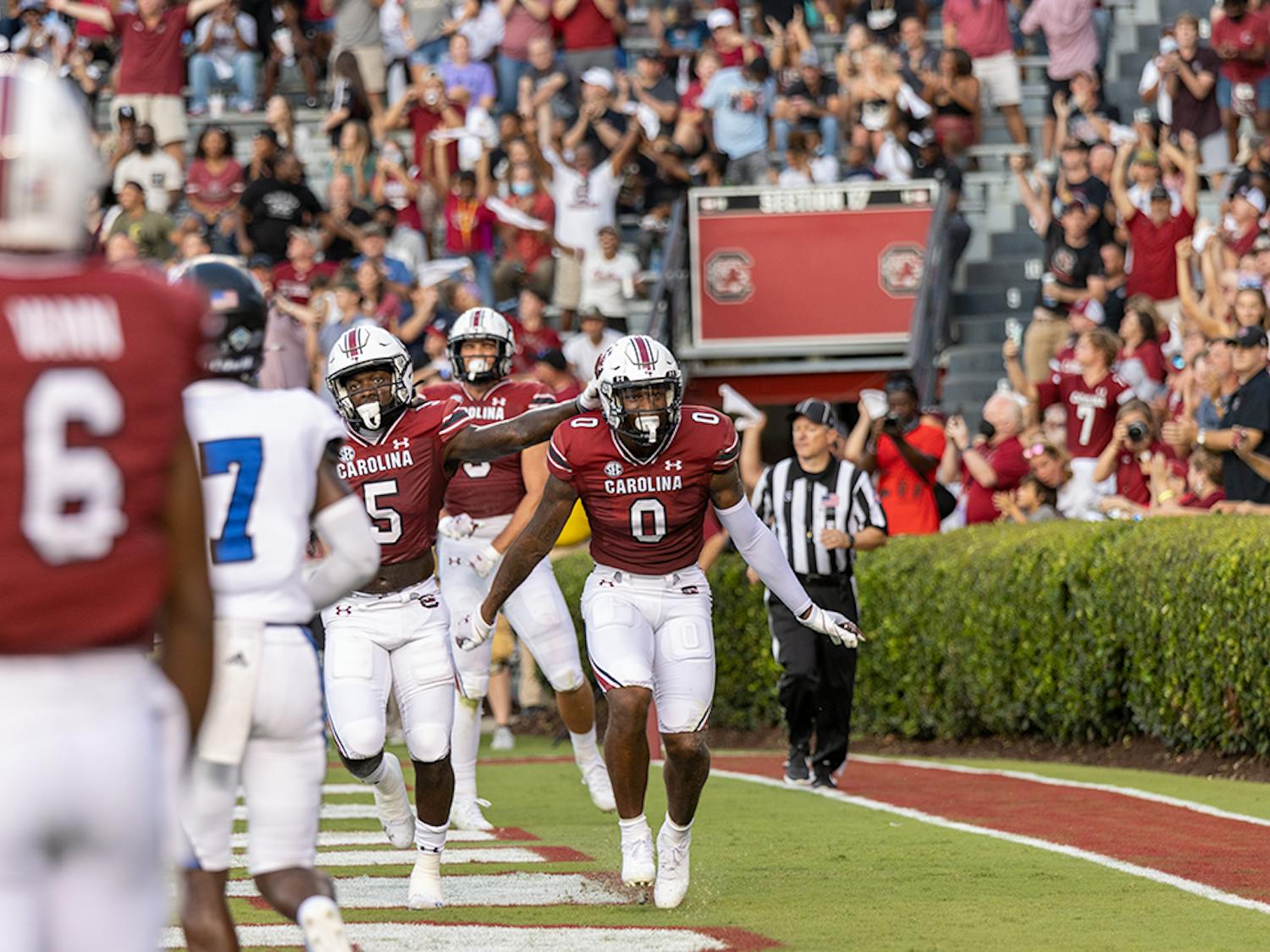 Sophomore tight end Jaheim Bell celebrates a touchdown pass from graduate student quarterback Zeb Noland. This touchdown brought the Gamecocks to 15 points at the end of the first quarter.