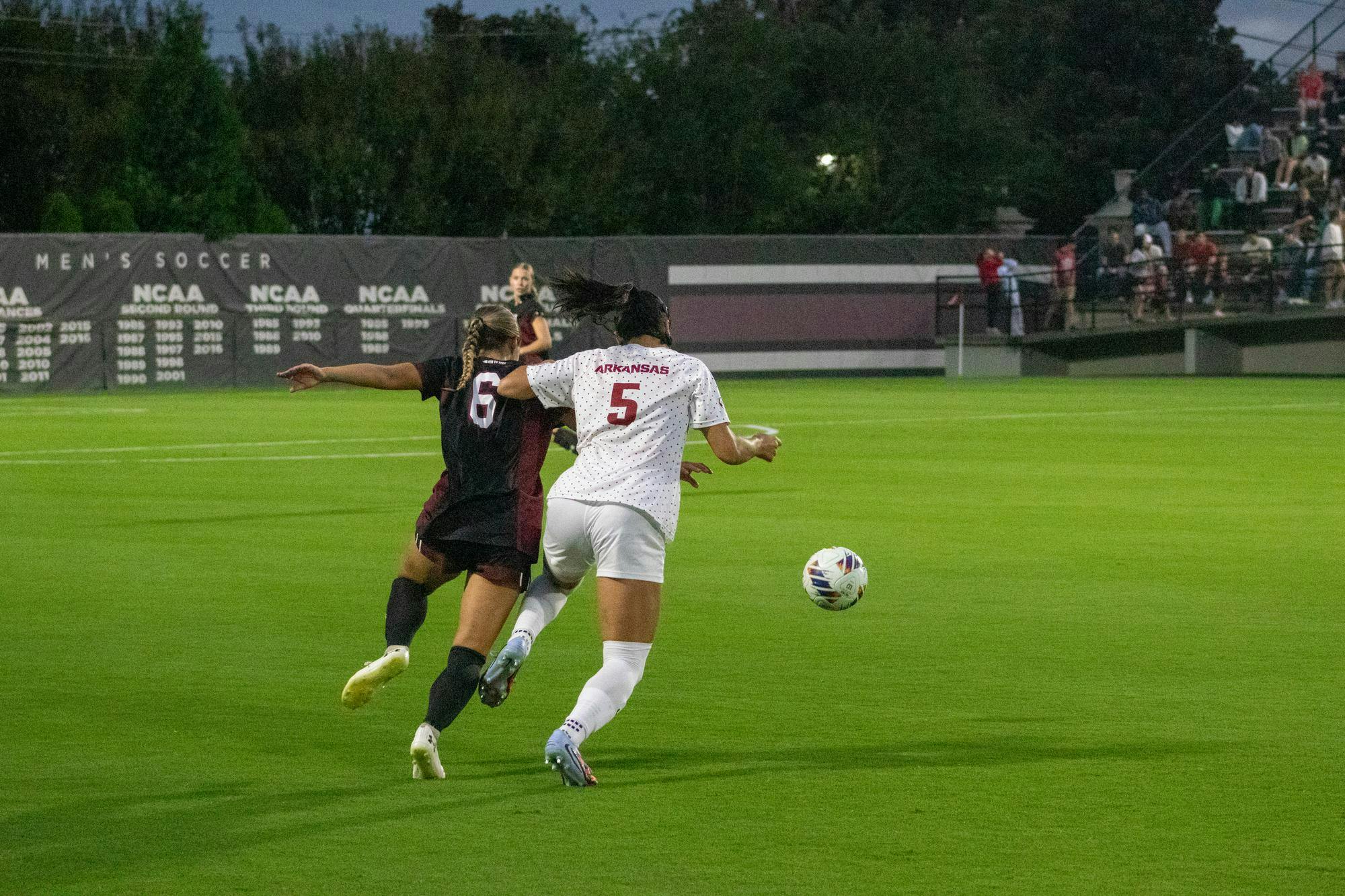 Junior defender Amanda Patrick defends against an Arkansas attacker during South Carolina's match on Oct. 2, 2025, at Stone Stadium. The Gamecocks tied the Razorbacks 2-2, improving to 9-1-3 (3-0-2 SEC) on the season.