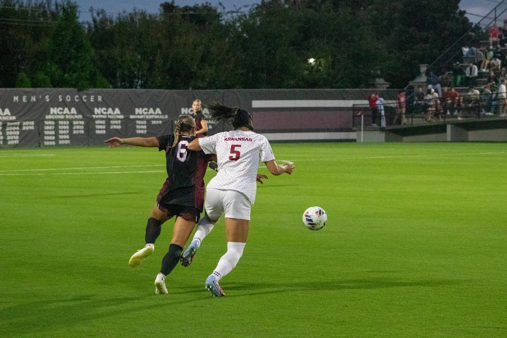 <p>Junior defender Amanda Patrick defends against an Arkansas attacker during South Carolina's match on Oct. 2, 2025, at Stone Stadium. The Gamecocks tied the Razorbacks 2-2, improving to 9-1-3 (3-0-2 SEC) on the season.</p>