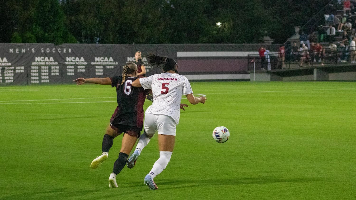 Junior defender Amanda Patrick defends against an Arkansas attacker during South Carolina's match on Oct. 2, 2025, at Stone Stadium. The Gamecocks tied the Razorbacks 2-2, improving to 9-1-3 (3-0-2 SEC) on the season.