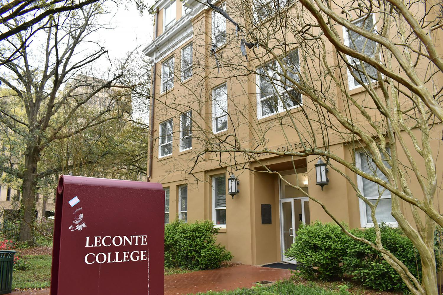 A photo of LeConte College on Greene Street during a cloudy day on March 22, 2023. The university renovated the restrooms and fixed water issues on the roof.