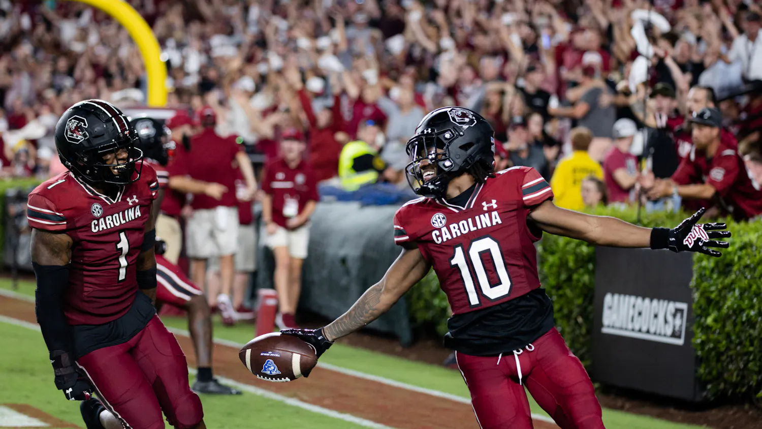 FILE— Senior wide receiver Ahmarean Brown celebrates scoring after a blocked punt during the season opener on Sept. 3, 2022. South Carolina beat Georgia State 35-14. 