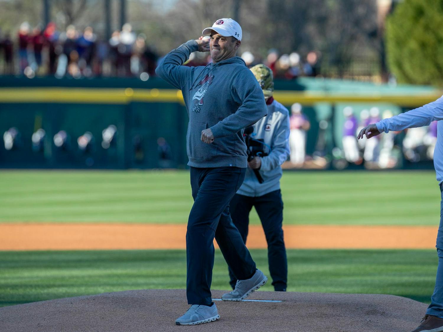 University of South Carolina head football coach Shane Beamer throws out the first pitch as the Gamecocks prepare to face off against Clemson on March 2, 2025 at Ray Tanner Field at Founders Park. Many people from the USC community went to the game to support the team in their Palmetto Series matchup.