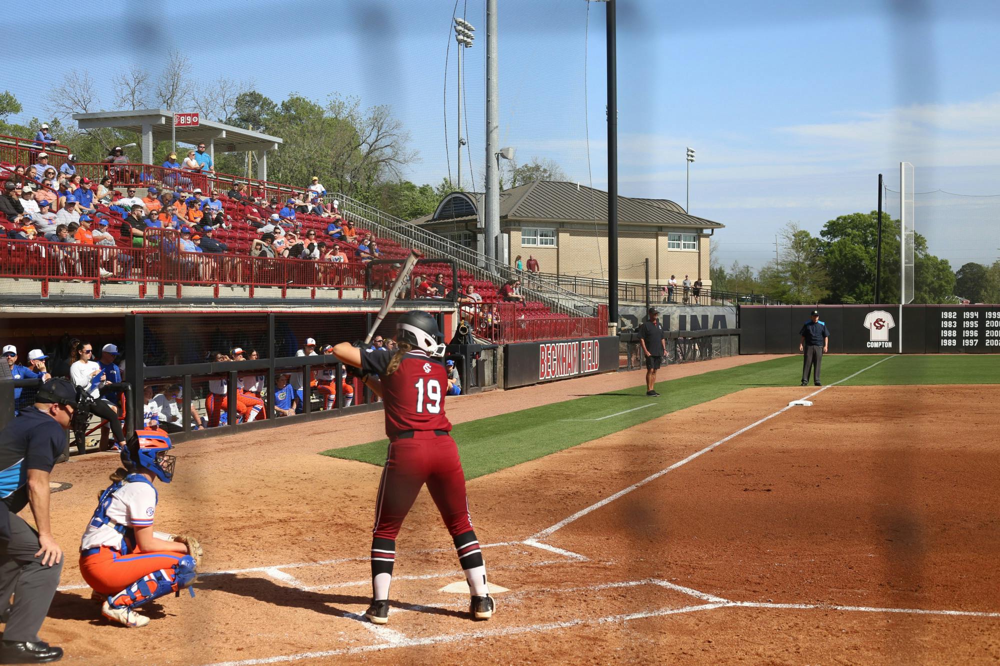 Junior catcher/utility player Jen Cummings awaits a pitch during South Carolina's game against the University of Florida on April 1, 2023. The Gamecocks won two of the three games in the series, landing its first SEC series win.