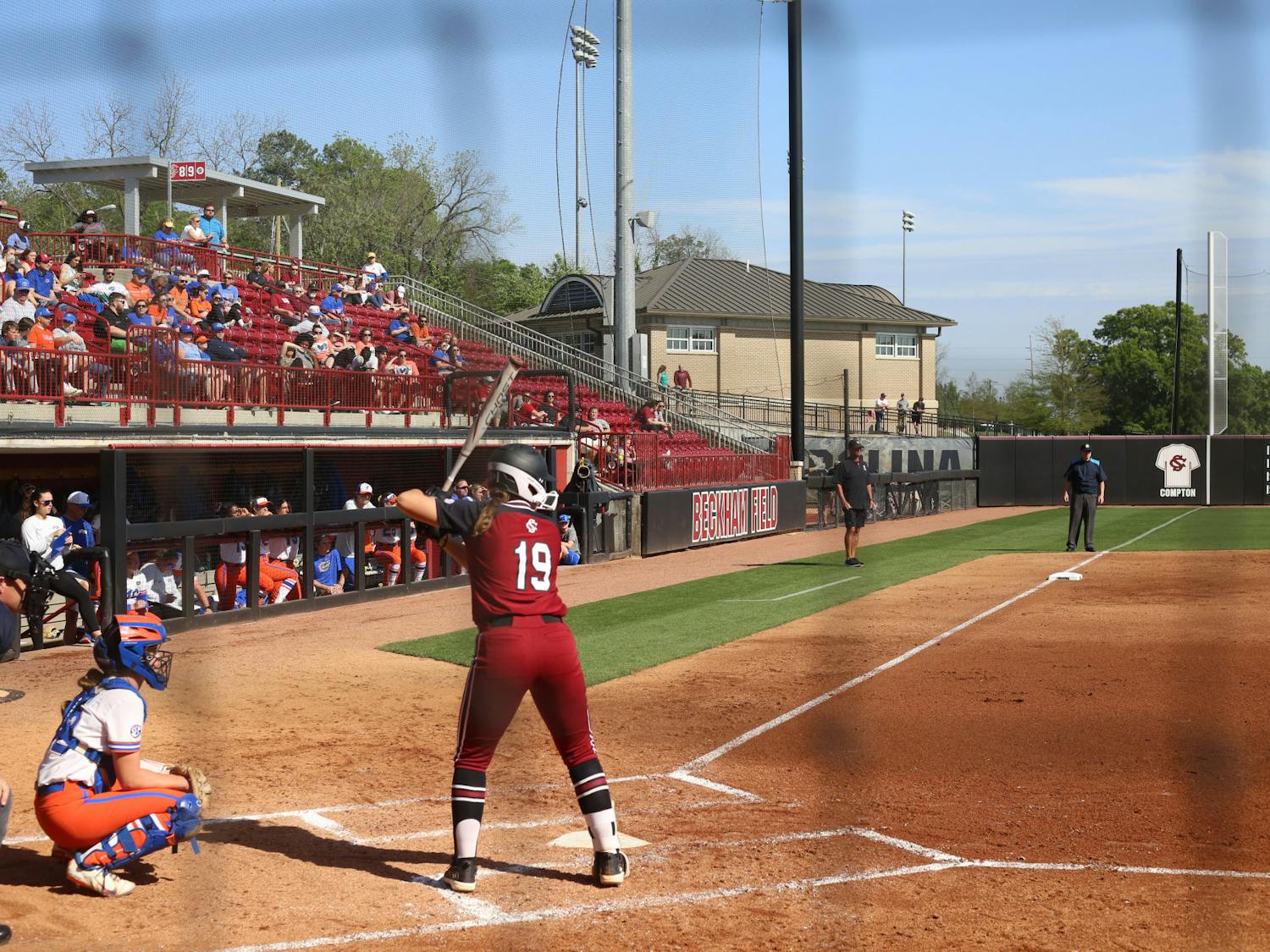 Junior catcher/utility player Jen Cummings awaits a pitch during South Carolina's game against the University of Florida on April 1, 2023. The Gamecocks won two of the three games in the series, landing its first SEC series win.