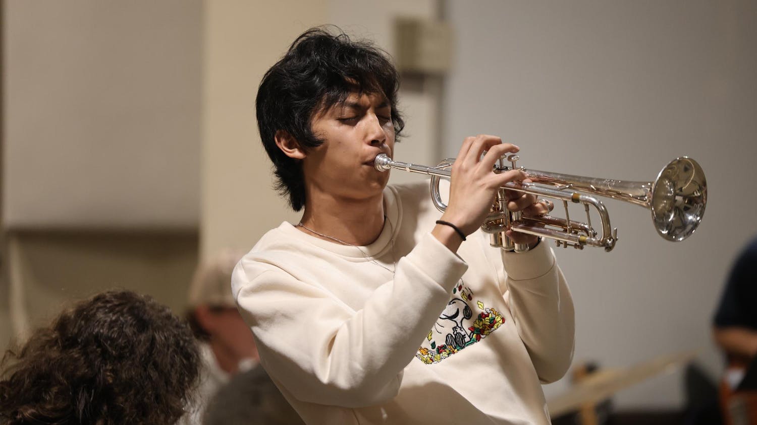 First-year jazz studies student Santi Balagtas plays the trumpet as part of Jazz Jaam at Greene Street United Methodist Church on Sept. 30, 2025.