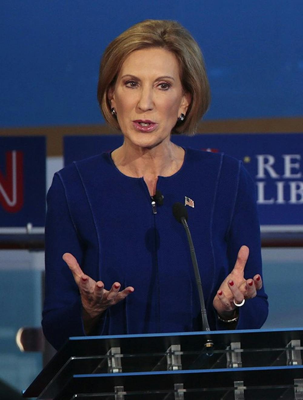 Republican presidential candidate Carly Fiorina on the debate stage at the Reagan Library in Simi Valley, Calif., on Wednesday, Sept. 16, 2015. (Robert Gauthier/Los Angeles Times/TNS)