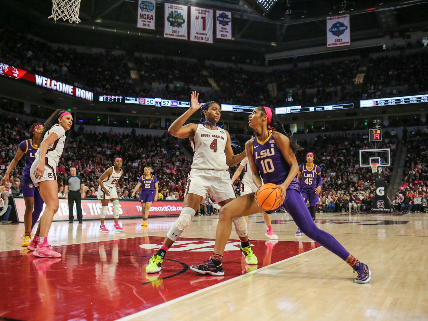South Carolina's senior forward Aliyah Boston guards LSU’s Angel Reese during the teams' matchup at Colonial Life Arena on Feb. 12, 2023. The Gamecocks beat the Tigers 88-64.