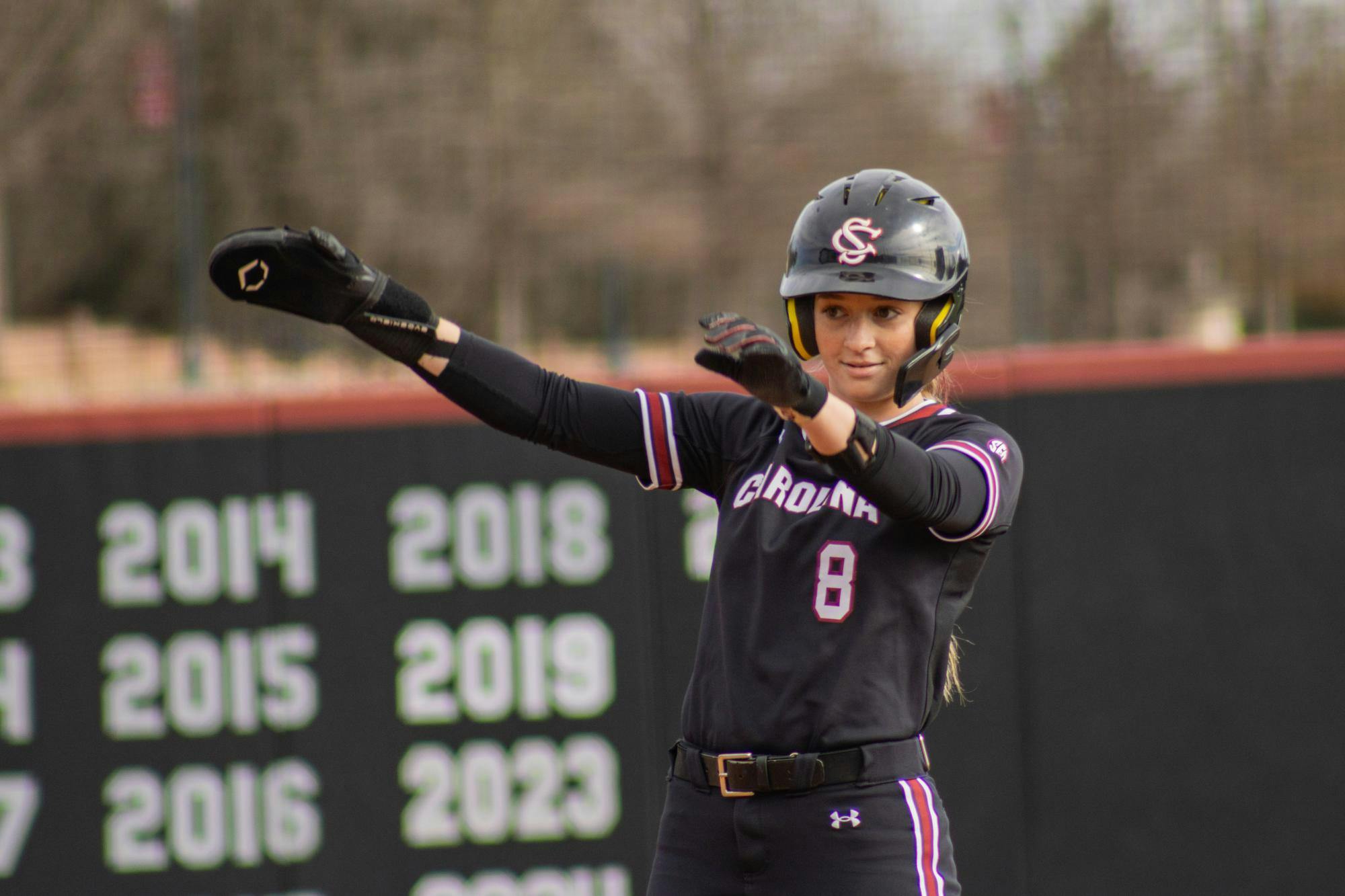 Sophomore infielder Tate Davis shows some dance moves on second base during the softball game against Binghamton at the Carolina Softball Stadium on Feb. 8, 2026. The Gamecocks won with a final score of 9-1.