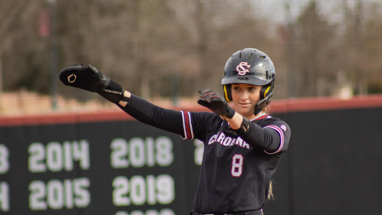 Sophomore infielder Tate Davis shows some dance moves on second base during the softball game against Binghamton at the Carolina Softball Stadium on Feb. 8, 2026. The Gamecocks won with a final score of 9-1.
