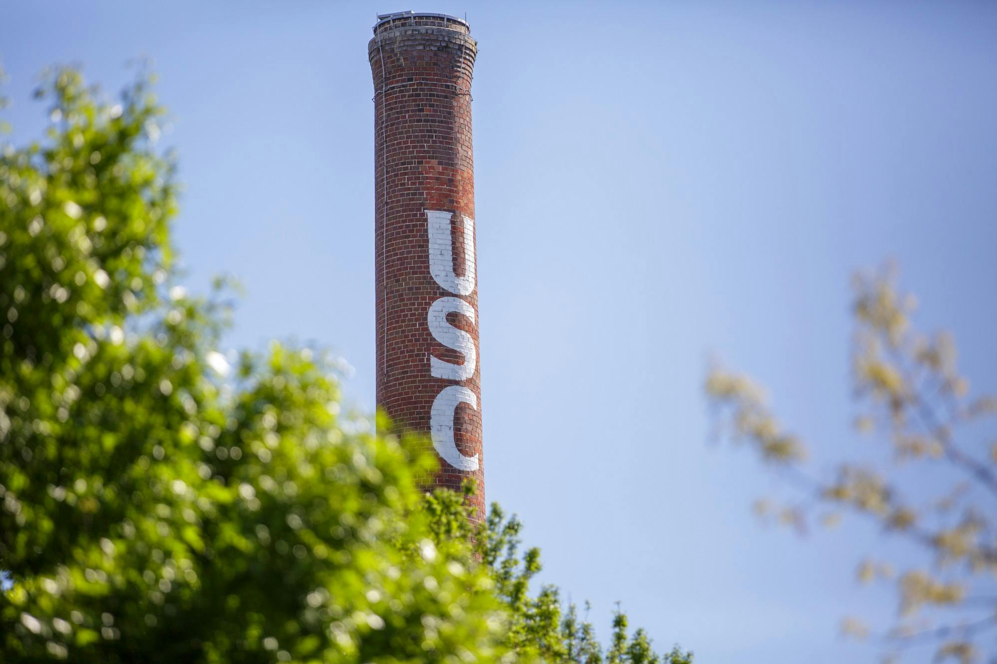 The USC smokestack is located next to the Horseshoe and is a landmark on the campus.