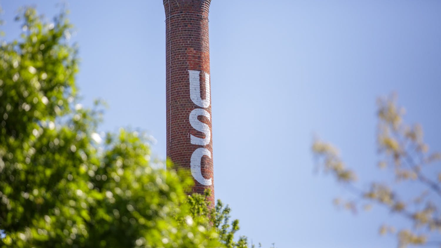 The USC smokestack is located next to the Horseshoe and is a landmark on the campus.