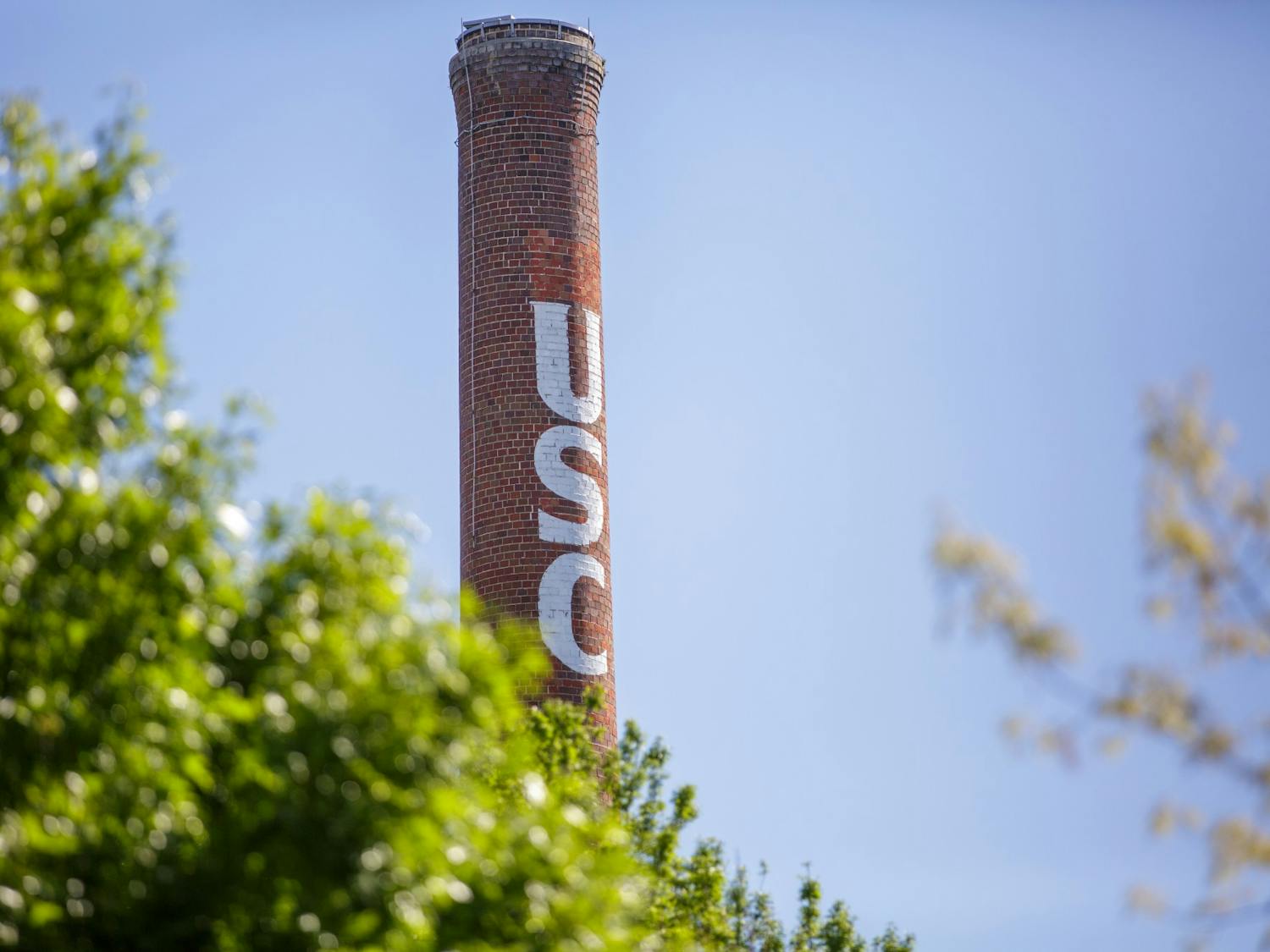 The USC smokestack is located next to the Horseshoe and is a landmark on the campus.