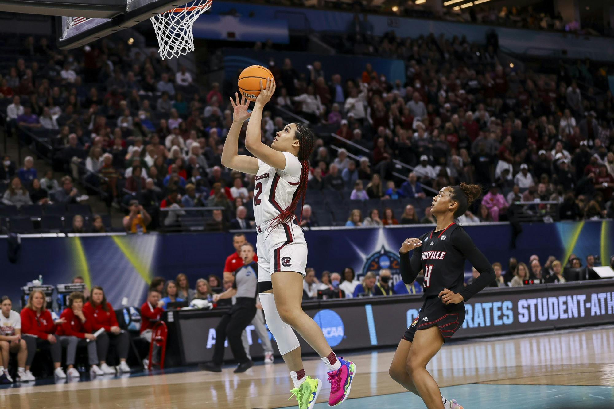 Junior guard Brea Beal goes for a layup during the second quarter of South Carolina's 72-59 victory over Louisville on April 1, 2022, advancing to the National Championship game.